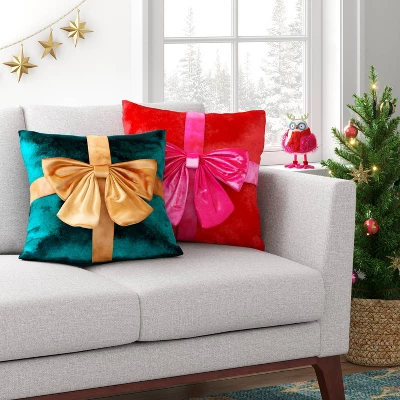 16"x6" Christmas Green Velvet Square Pillow With Teal Bow - Wondershop™ 1 16"x6" Christmas Green Velvet Square Pillow With Teal Bow - Wondershop™