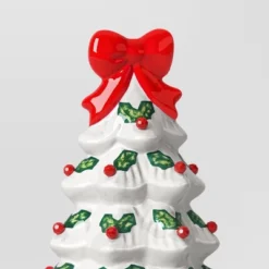 12" Lit Ceramic White Christmas Tree With Red Bow - Wondershop™ -Christmas Sale Store GUEST c098588d 6fff 453d 9a66 c0de0e128c6f