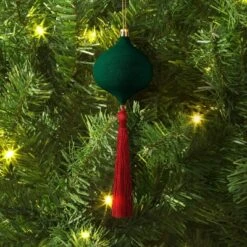 Christmas Onion Shaped Flocked Dark Green Ornament With Tassle - Wondershop™