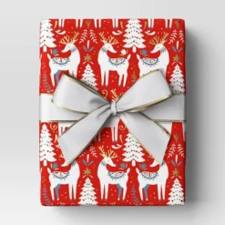 30” 20 Sq Ft Christmas Roll Wrap Scandinavian Trees And Deer On Red - Wondershop™