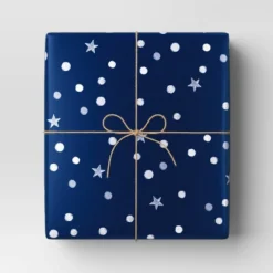 30" 50 Sq Ft Christmas Roll Wrap Dots And Stars On Navy - Wondershop™