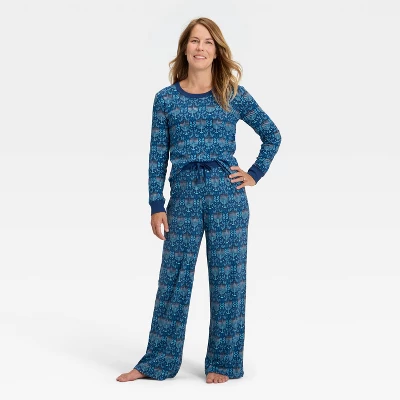 Women's Hanukkah Ribbed Long Sleeve Shirt And Pants Holiday Matching Family Pajama Set - Wondershop™ Blue 4 Women's Hanukkah Ribbed Long Sleeve Shirt And Pants Holiday Matching Family Pajama Set - Wondershop™ Blue - Image 4